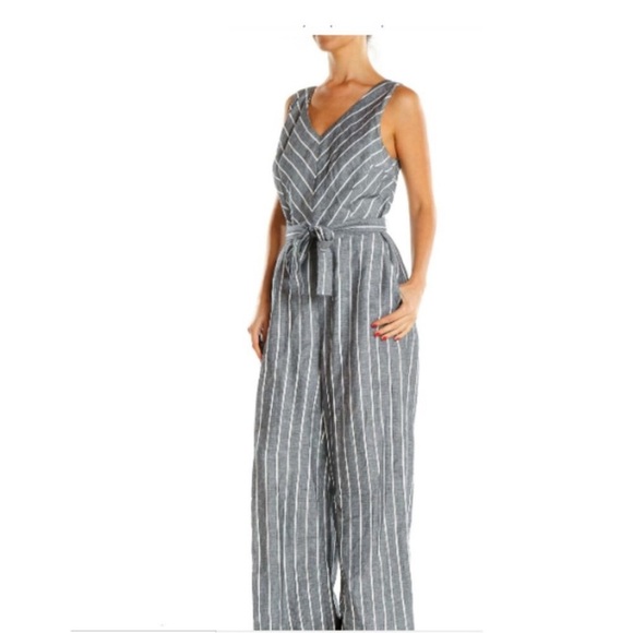 LOFT Gray & White Striped Linen Blend Jumpsuit - Size 4 - Pockets - Picture 6 of 14